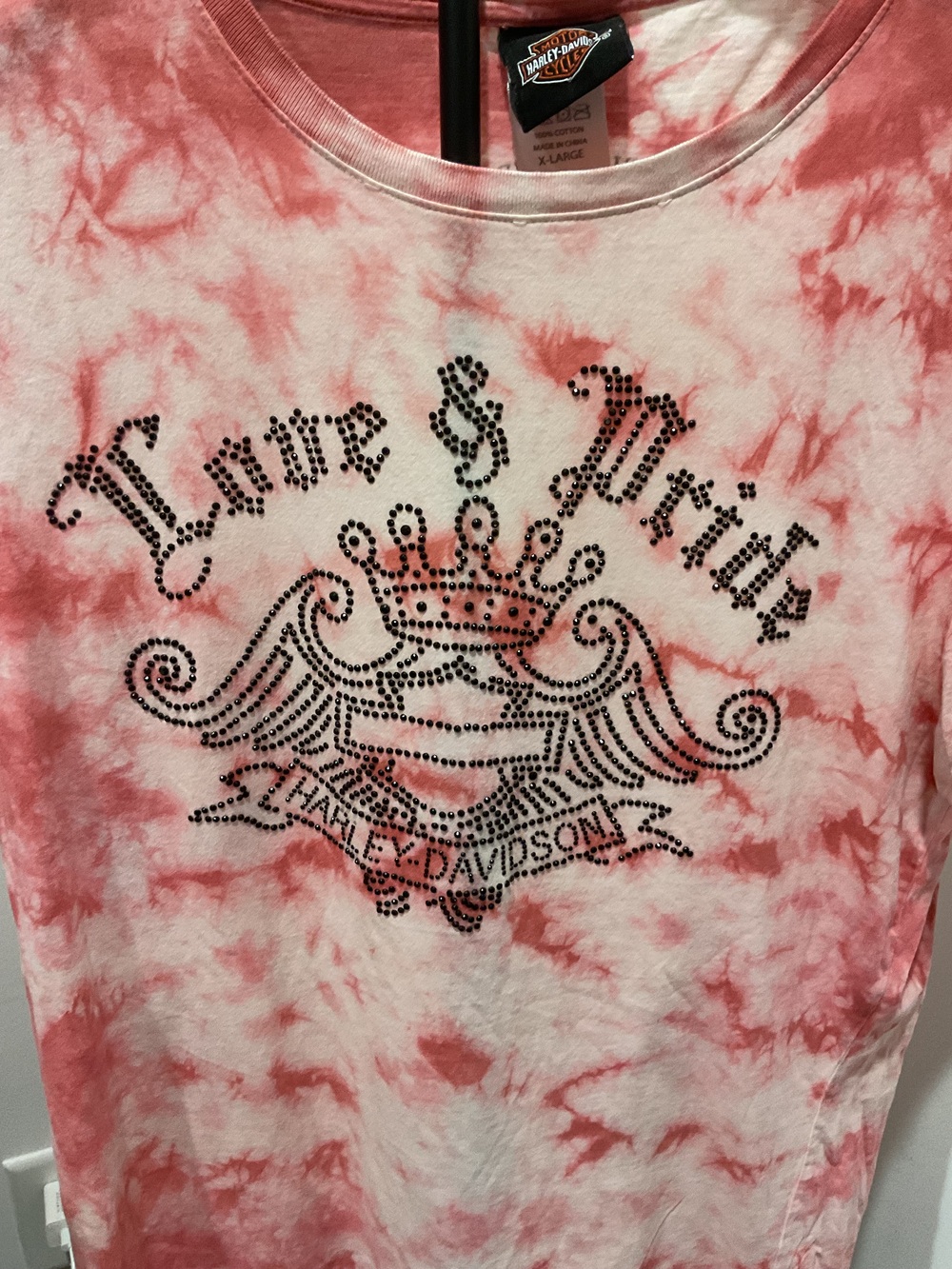 Harley Davidson Womens XL Pink Tie Dye Rhinestone Bling Love & Pride Tee